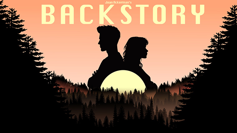 Poster for "Back Story" featuring man and woman silhouette behind evening horizon