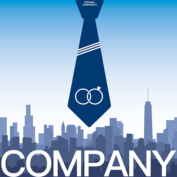 Poster for "Company" featuring city skyline, tie and wedding rings