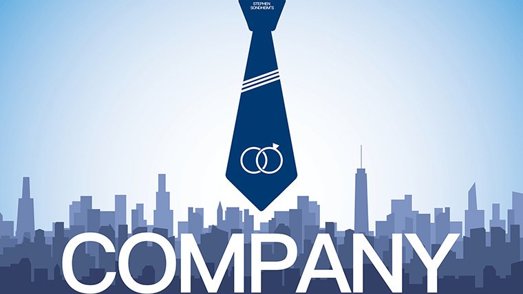 Poster for "Company" featuring city skyline, tie and wedding rings