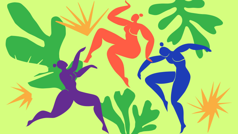 Colorful graphic of three dancing human figures