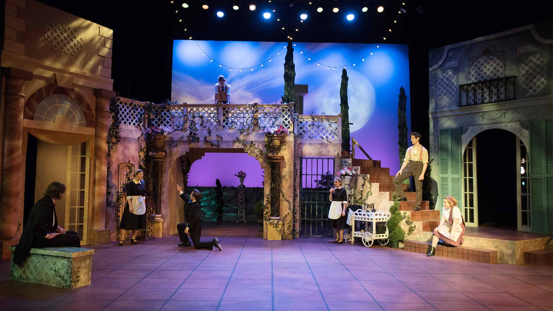 Tent Theatre performers on stage during a rehearsal for "Twelfth Night"